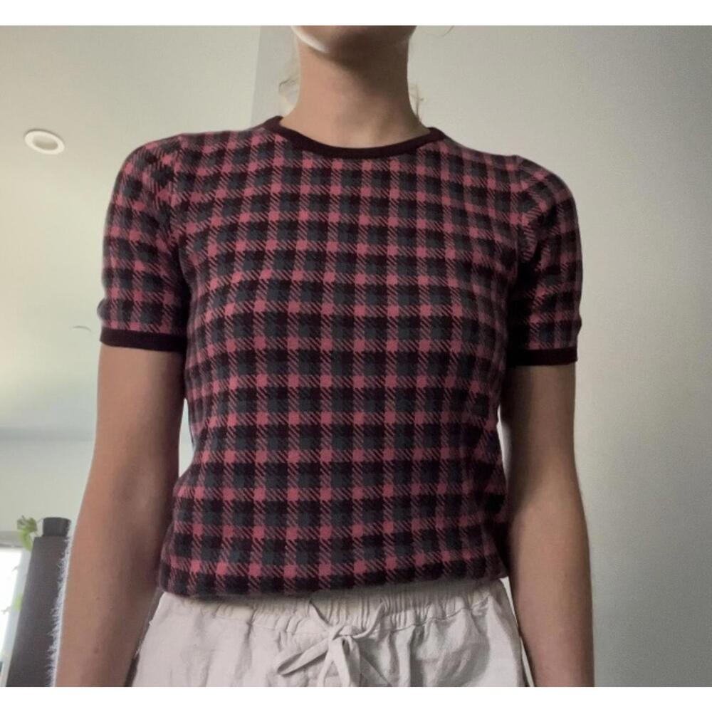 Pink Plaid Short Sleeve Sweater
